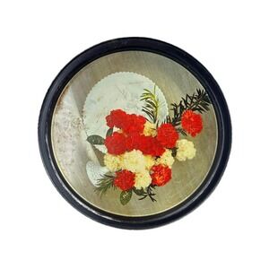 Vintage Round Metal Floral Serving Tray Red White Carnations Black Rim Retro 13"